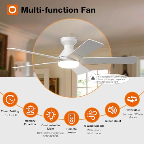 Image of addlon Ceiling Fans with Lights, 52 inch Low Profile Ceiling Fan with Light and Remote Control, Flush Mount, Reversible, 3CCT, Dimmable, Noiseless, White Ceiling Fan for Bedroom, Indoor /Outdoor Use