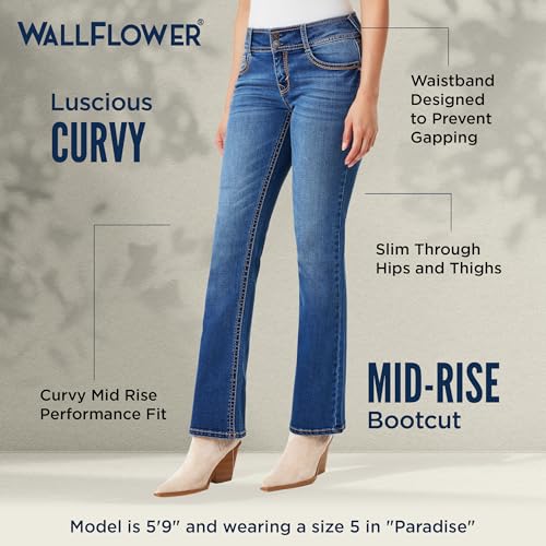 Image of WallFlower Luscious Curvy Bootcut Jeans for Women, Mid-Rise Insta Stretch Denim, Size-Inclusive Juniors Jeans