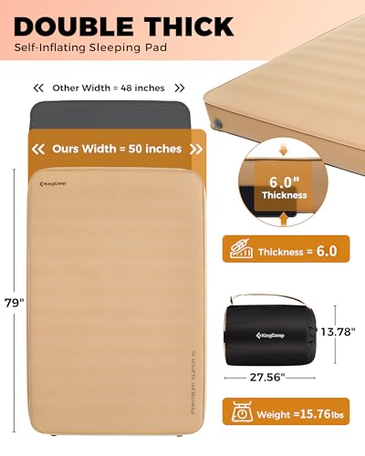 Image of KingCamp Self Inflating Sleeping Pad, 6 inch Ultra Thick R 15.5 Air & Foam Camping Mattress 2 Person, Full Size Double Sleeping Pad for Camp Tent Outdoor Car, PVC Free (Khaki)