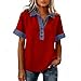 Polo Shirts for Women Cotton Collar Denim Western Tops Light Weight Cotton Oversized Short Sleeve Color Block Athletic Tops Cute Ruffle Collar Blouse Blusas Vaqueras para Mujer Red