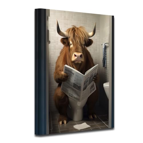 CXHOSTENT Funny Highland Cow Bathroom Canvas Wall Art Cow Reading Newspapers on Toilet Pictures Prints Animal Poster Kids Bathroom Print Restroom Decor (Bathroom-4, 16.00"x24.00")
