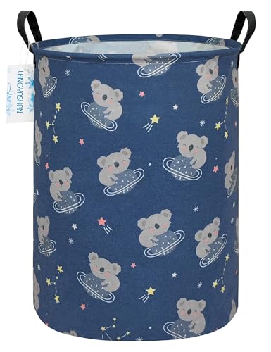 Image of Round Laundry Basket Collapsible Storage Hamper Organizer Space Koala | Waterproof Canvas Foldable Baskets with sturdy Handles Multi-scene Organizer for Home Play Bedroom Gift Bin