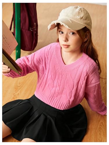 SweatyRocks Girl's V Neck Cute Cropped Sweater Long Sleeve Drop Shoulder Ribbed Cable Knit Loose Pullover Sweaters4