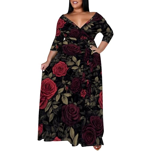 Women's Plus Size Maxi Dress Print 3/4 Sleeves V Neck Party Sundress Wedding Guest Dresses