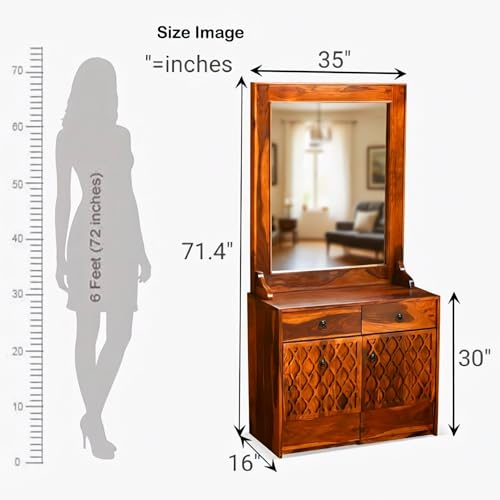 Image of Sheesham Wood Full-Length Dressing Mirror with 2 Drawers & Stool | Honey Finish | Wall-Mount & Free-Standing Decorative Mirror for Bedroom, Hallway & Entryway | Solid Wood Dressing Unit