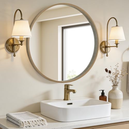 Image of WallBeyond Round Wood Mirror 28 inch Circle Wall Mirror for Bathroom Round Wall Mirror for Wall Decor, Vanity, Entryway Living Room, Honey