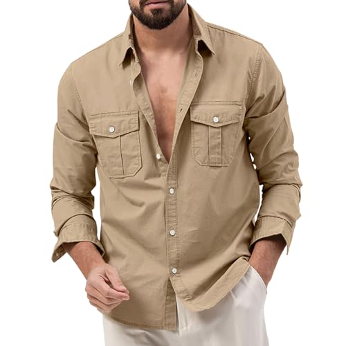 Generisch 2026 - Hombre - Camisa de trabajo de invierno Manga Larga Color sólido Bolsillos Gran Formato Camisa Chaqueta, caqui, 3XL