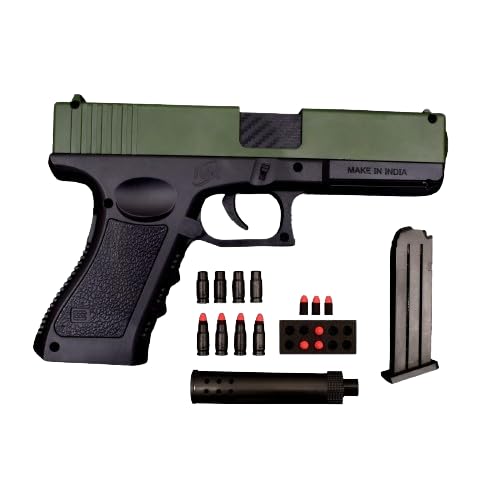 Toy Pistol Model with Magazine Loading Action,Shooting & Police, Army, Action Role Play Gun, Jump Ejecting & Soft Bullets for Kids Indoor & Outdoor Gaming Gun, 12 Years+ Children (Green & Black)-image-5