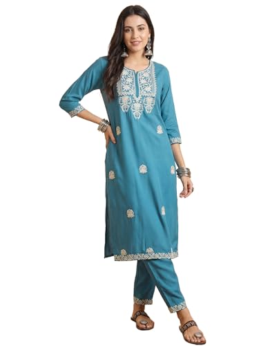 Image of INDO ERA Women's Viscose Rayon Floral Embroidered Straight Calf Length Kurta & Pant Set (IEAI11741)