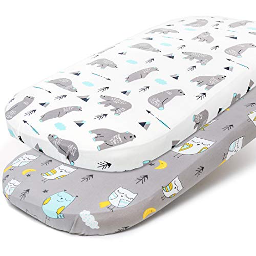 Image of Stretchy Bassinet Sheet Set BROLEX 2 Pack Snug Fitted Cradle Fitted Sheets for Bassinet Pads/Mattress, for Boys Girls,Unisex,Ultra Soft Breathable,Owl Bear