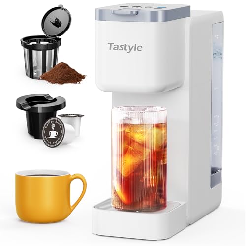 Tastyle Single Serve Hot & Iced Coffee Maker with Strong Brew, 40oz Removable Reservoir, 6 Brew Sizes, Compatible with K Cup and Grounds, Compact for Home, Office, RV and Dorm, White (2.0 Version)