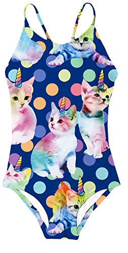 Girls 3D Unicorn Cat Printed Pattern One Piece Swimsuits Bathing Suits Kids Swimwear Cross Back Adjustable Straps Beach Summer Little Girl Swim Suits 7-8 Years Old