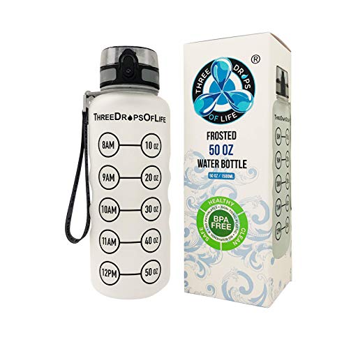 Three Drops of Life New 50oz Large Hydration Tracker Sport Water Bottles, Frosted Clear Tritan Plastic Bottle for Hydration Timer Tracking, Smart Remind Time Marker - Reusable, Leak Proof, BPA Free