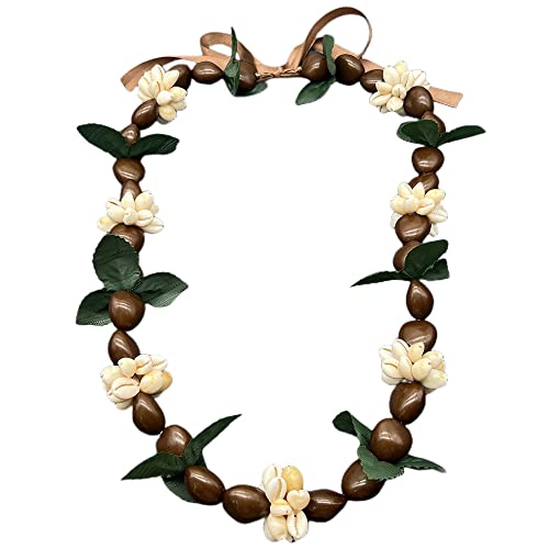Fuqimanman2020 Hawaiian Graduation Black Kukui Nut Leis Flower Necklace Ribbon Bow Tie Closure Adjustable Acrylic Heart Shell Beads for High School College Graduation Party Accessories-Brown