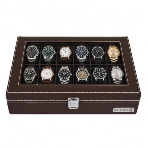 Image of BOXXO 12 Slot Watch Organizer Box for Men & Women - Premium PU Leather Watch Case, Soft Velvet Cushions & Glass Lid Display, Elegant Storage Box - 34x20x8 cm (Brown & Black (Transparent), 12 Slots)
