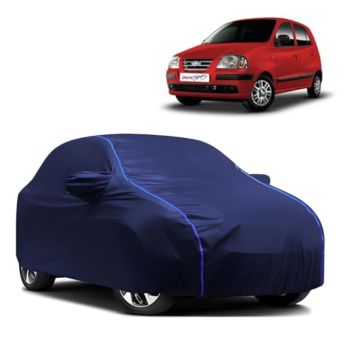 Image of Kerwa Car Body Cover Waterproof Compatible with Hyundai Santro Xing | Scratch Proof, Anti-Dust, UV Protection | Windproof Buckle Strap | Fitted Bottom Elastic | Side Mirror Pockets-Blue
