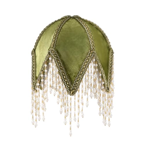 7.7 Inch Olive Green Velvet Lamp Shade,Vintage Scalloped Bell Lampshade with Beaded...