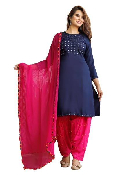 Womens Rayon Readymade Embroidery Work Kurta Patiala Dupatta Sets