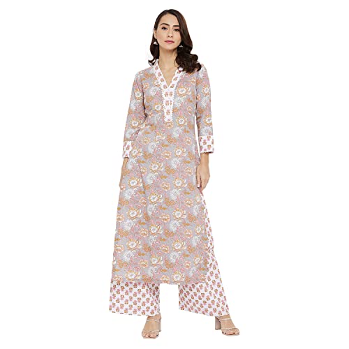 Image of Tissu Women's Cotton Sea Green & Pink Floral Printed Kurta with Palazzo