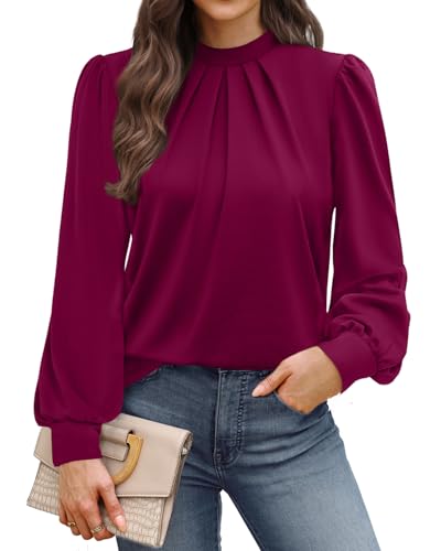 WIHOLL Blouses for Women Long Sleeve Tops Mock Neck Pleated Shirts Ladies Tops Business Loose Fit Size 14-16 Purple