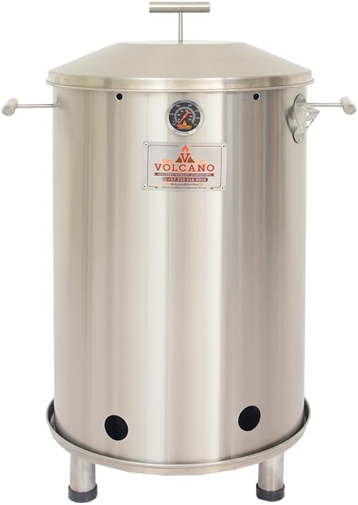 VOLCANO Jupiter Giant Barrel Grill – 100% Stainless Steel 304, 2-in-1 Grill and Smoker with Thermometer, Smoke Vent, and 24 Hooks – Holds Up to 60 Pounds of Meat (JGBG01)