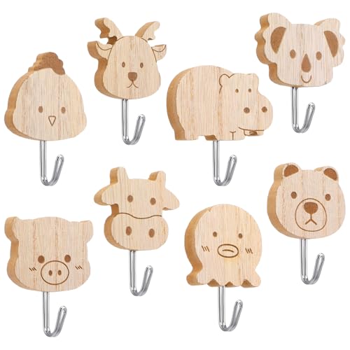 DOPENSPI Lot de 8 crochets muraux autocollants en bois pour chambre à coucher, chambre d'enfant, poulpe, cochon, hippopotame, ours, koala, taureau, cerf