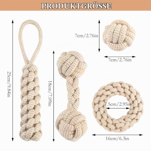 KQDRAVINE Hundespielzeug Seil mit Knoten Ball,4er Set Hunde Spielzeug aus 100% Naturhanf,Dog Rope Toy,Zerrspielzeug für Hunde,Premium Hundespielzeug für Kleine (1)