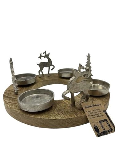 Adventskranz aus Mangoholz Ø 30 cm – Silberne Metall Kerzenhalter &...
