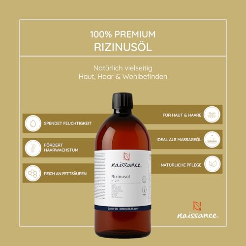 Naissance Rizinusöl (Nr. 217) - 870ml - Kaltgepresstes, Natürliches, Hexanfreies, Gentechnikfreies Öl - Pflegt und Spendet Feuchtigkeit für Haare, Wimpern und Augenbrauen