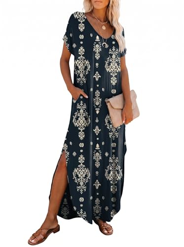Image of Dokotoo Summer Dresses for Women 2026 Maxi Dress V Neck Cap Sleeve Sundress with Pockets Womens Dresses Beach Vacation