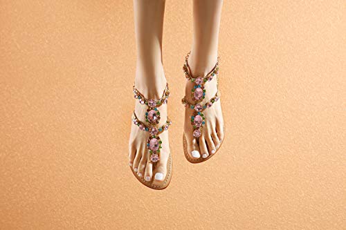 Image of ZhuLinFeng Women'S Rhinestone Gladiator Sandals Flat Wedding Sandals Gem Pearl Sparkling Bridal Bridesmaid Sandals Blue Bohemian Sandals