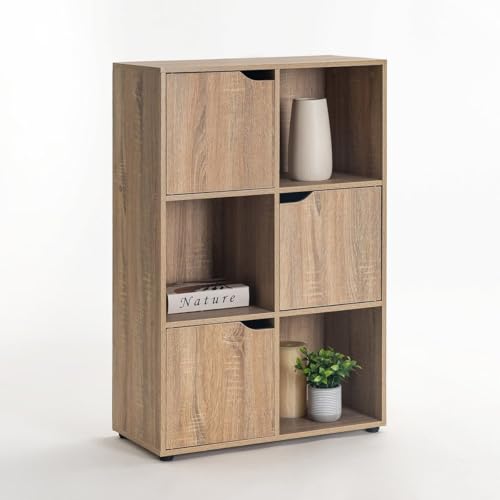 LOLAhome Estantería de Tablero Laminado, Librería con Puertas y Compartimentos Abiertos, Mueble almacenaje, en Color Natural de 90x29x60 cm para Estudio, Dormitorio, Salón, Oficina y Biblioteca