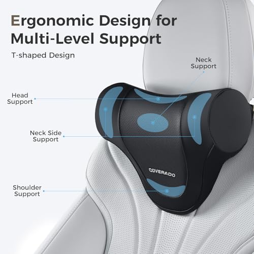 Image of Coverado Car Headrest Pillow, Ergonomic Memory Foam Car Neck Pillow for Driving Seat with Adjustable Strap, Soft PU Leather Breathable Removable Cover Neck Support for Neck Pain Relief