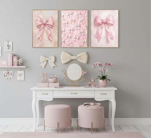 Image of 3Pcs Pink Bow Canvas Wall Art Vintage Trendy Cute Preppy Watercolor Bow Painting Pictures Wall Decor Posters Prints Girly Aesthetic for College Apartment Bedroom Decoration Unframed