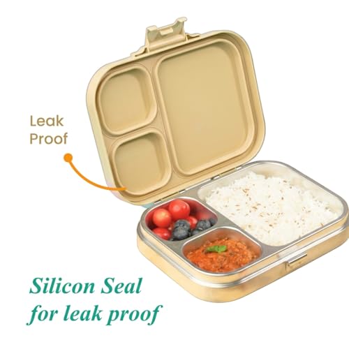 Image of THEONI Bento Joy Kids Stainless Steel Lunch Box, 3-Compartment Leak-Proof Tiffin Box, BPA-Free Food Grade 304 Steel, School Lunch Box with Kid-Friendly Locks for Boys & Girls Age 4-10 - Yellow