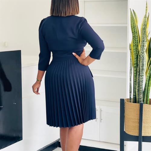 Women's Lapel Neck Breasted Blazer Dress Business Elegant 3/4 Sleeve Solid Color Pleated Midi Dresses4