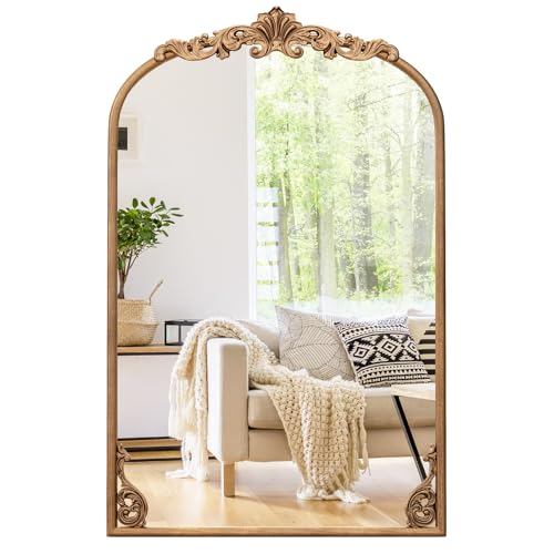 COSTWAY Espejo de Pared Vintage, Espejos Decorativos de Pared Barroco Ornamentado Tradicional Dorado con Marco de Metal, Espejo de Ventana Arqueado para Entrada, Salón, Recibidor, Baño (76 x 51 cm)