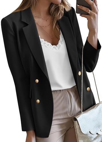 Business Casual Fall Long Sleeve Double Breasted Open Front Work Suit Jacket with Pockets