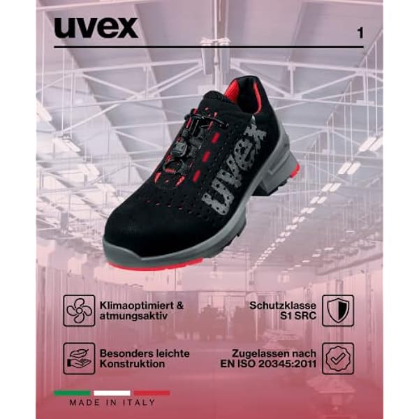 Uvex 1 Calzado Profesional de Seguridad S1 SRC | Zapatilla Deportiva de Trabajo | Punta Antiaplastamiento de Composite | Negro - Rojo