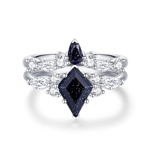 Personalized 925 Sterling Silver Engagement Rings, Kite Cut Blue Sandstone Ring for Her Womens Bridal Ring Set, Wedding Ring Set Anniversary Bands Sets of 2.