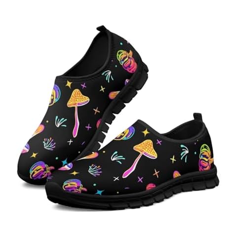 ZERODATE Women's Walking Sneakers Fluorescent Mushroom Print Shoes Light and Elastic Running Shoes No Laces Flat Sole Soft Casual Everyday Shoes for Gym Size 9 Black Sole Cover