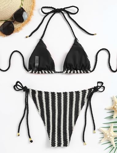 Image of ZAFUL 2 Piece Triangle Bikini for Women Knitted Rope Halter Bikini Sets Sexy Bathing Suit Side Tie Swimsuits Beachwear