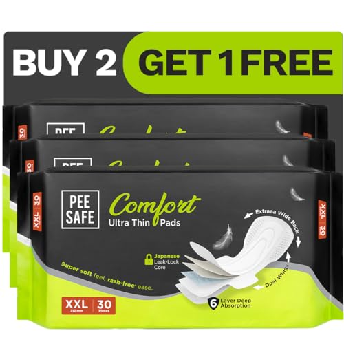 Image of Pee Safe Comfort Ultra Thin Sanitary Pads For Women | XXL | 30 Pads - Pack of 3 | Rash Free Periods | Cottony Soft Sanitary Napkins For Ultra Comfort | Dual Wings | Toxin Free