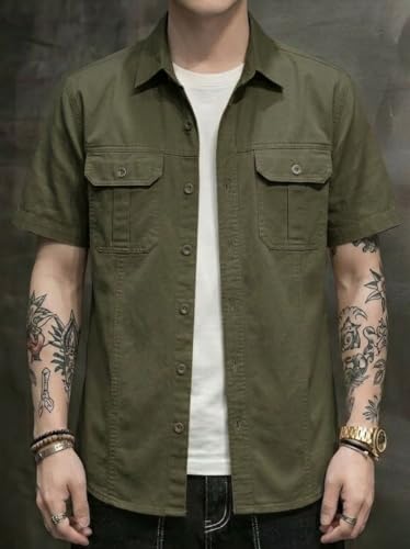 Image of SMOWKLY Men's Casual Solid Printed Cotton Regular Fit Shirt || Half Sleeve, Button Down, Double Front Pocket || Denim Jacket Style Fashionable Western Outfit
