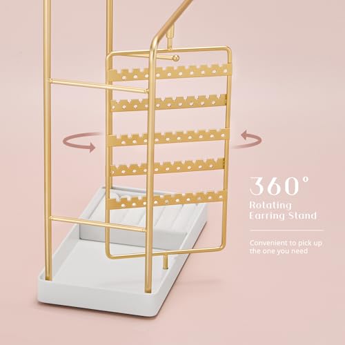 ProCase Jewelry Display Stand Holder, Jewelry Organizer and Storage with Velvet Ring Tray, Rotating Earring Display Bracelet Necklace Holder, Aesthetic Gifts Room Dorm Decor for Teen Girls -Gold3