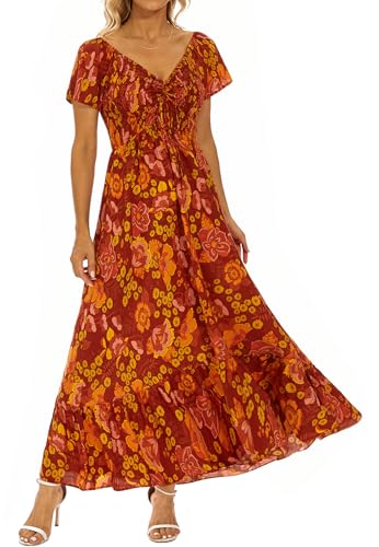 Image of Summer Smocked Boho Maxi Dress for Women 2026 Short Sleeve Floral Smocked Flowy Ruffled Beach Vacation Dresses Lightweight