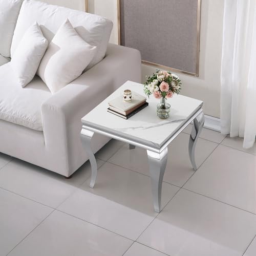 Image of Luxury Marble Side Table, Square End Table with Faux Marble Tabletop & Silver Stainless Steel S Legs, Modern Sofa Side Table for Living Room, Bedroom, Home Decor