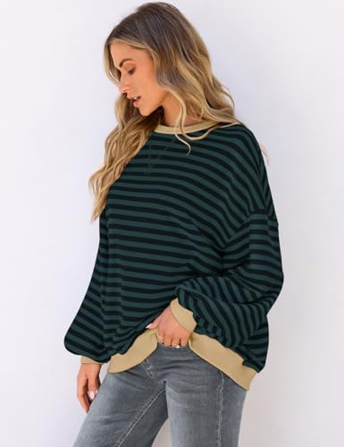 Image of UEU Women Oversized Striped Crewneck Sweatshirt Long Sleeve Color Block Pullover Tops Casual Loose Workout Shirt