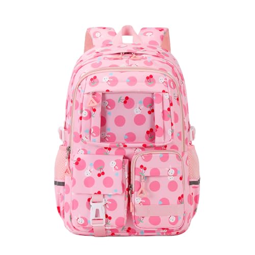 MATMO Multi-Pocket Girls Boys School Backpack Kids Student Bookbag Travel Daypack (Pink Cherry)