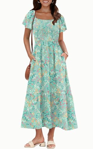 Image of OFEEFAN Summer Dresses for Women Square Neck Ruffle Sleeve Smocked Maxi Dress with Pockets